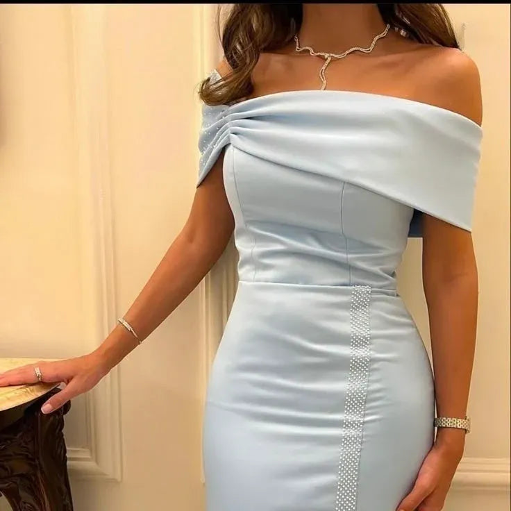 Chic Mermaid Off-Shoulder Short-Sleeve Embellished Satin Sky Blue Maxi Evening Dress