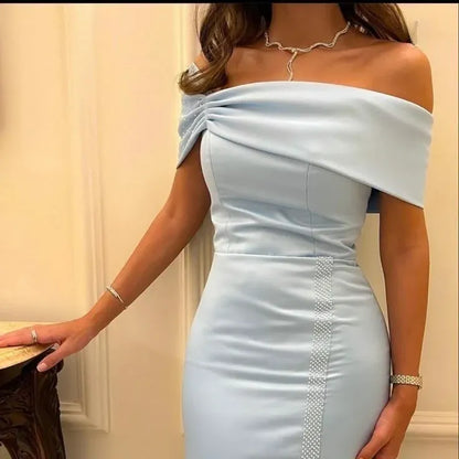 Chic Mermaid Off-Shoulder Short-Sleeve Embellished Satin Sky Blue Maxi Evening Dress