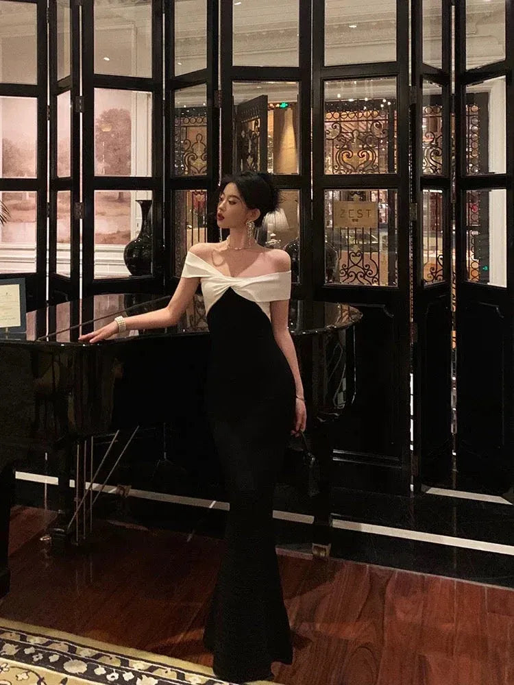Chic Mermaid Off-Shoulder Two-Tone Black & White Long Prom Dress for Women Ready to Ship