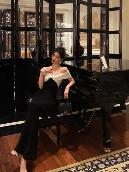 Chic Mermaid Off-Shoulder Two-Tone Black & White Long Prom Dress for Women Ready to Ship
