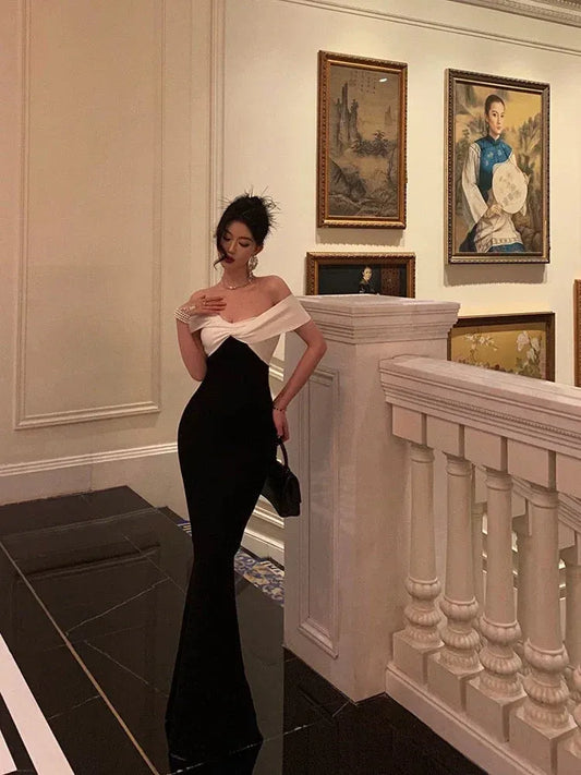 Chic Mermaid Off-Shoulder Two-Tone Black & White Long Prom Dress for Women Ready to Ship