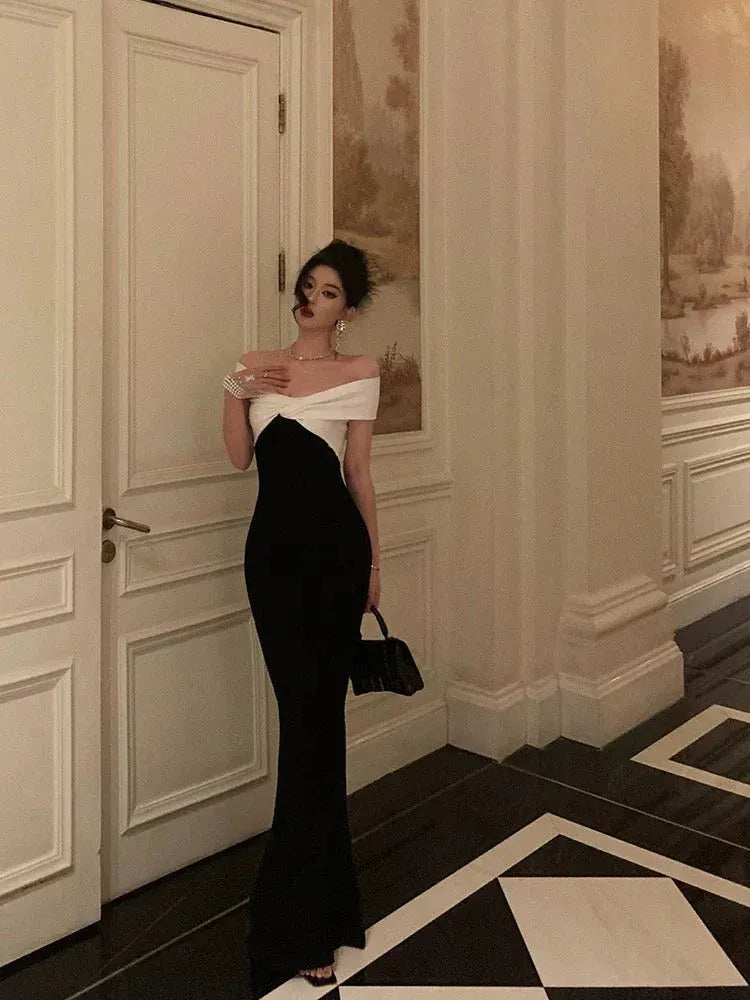 Chic Mermaid Off-Shoulder Two-Tone Black & White Long Prom Dress for Women Ready to Ship