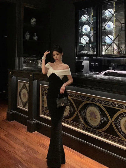 Chic Mermaid Off-Shoulder Two-Tone Black & White Long Prom Dress for Women Ready to Ship