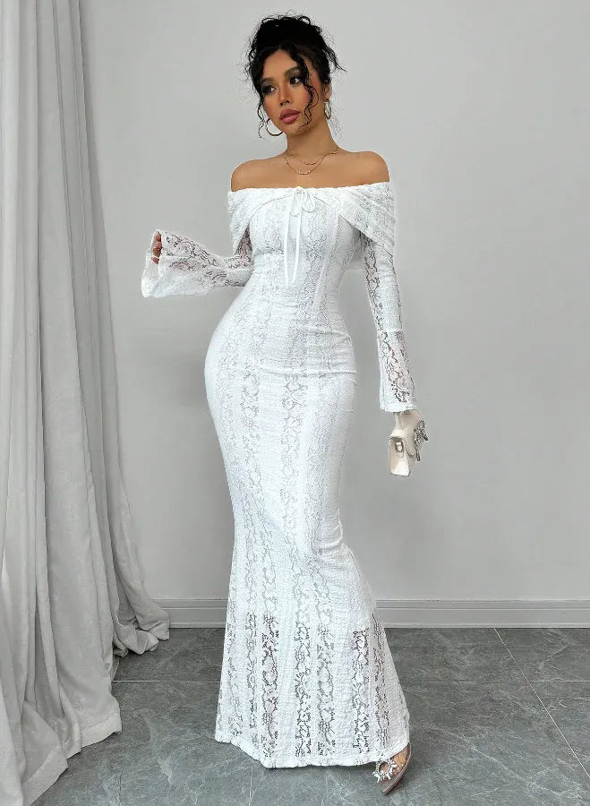 Chic Mermaid Off-the-Shoulder Long-Sleeve Lace-Accented White Maxi Prom Dress for Women Custom