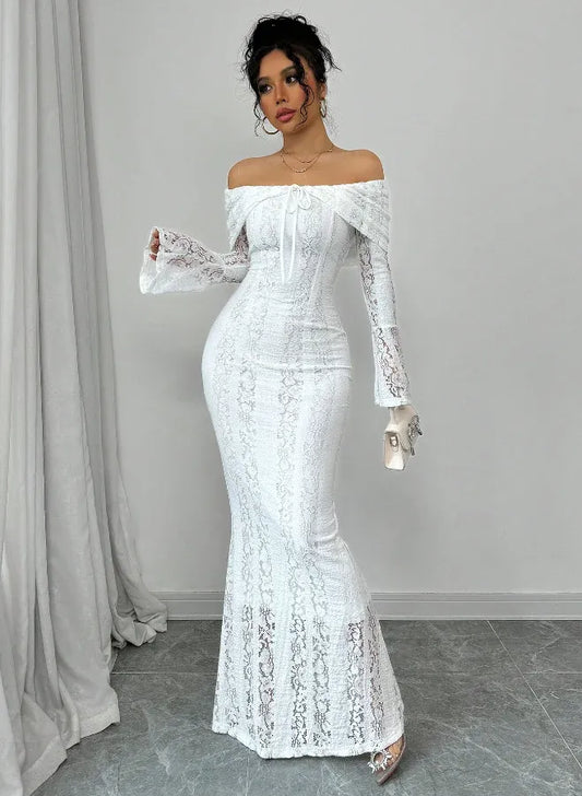 Chic Mermaid Off-the-Shoulder Long-Sleeve Lace-Accented White Maxi Prom Dress for Women Custom