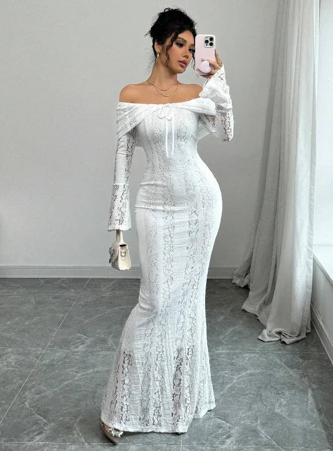 Chic Mermaid Off-the-Shoulder Long-Sleeve Lace-Accented White Maxi Prom Dress for Women Custom