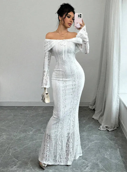 Chic Mermaid Off-the-Shoulder Long-Sleeve Lace-Accented White Maxi Prom Dress for Women Custom