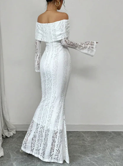 Chic Mermaid Off-the-Shoulder Long-Sleeve Lace-Accented White Maxi Prom Dress for Women Custom
