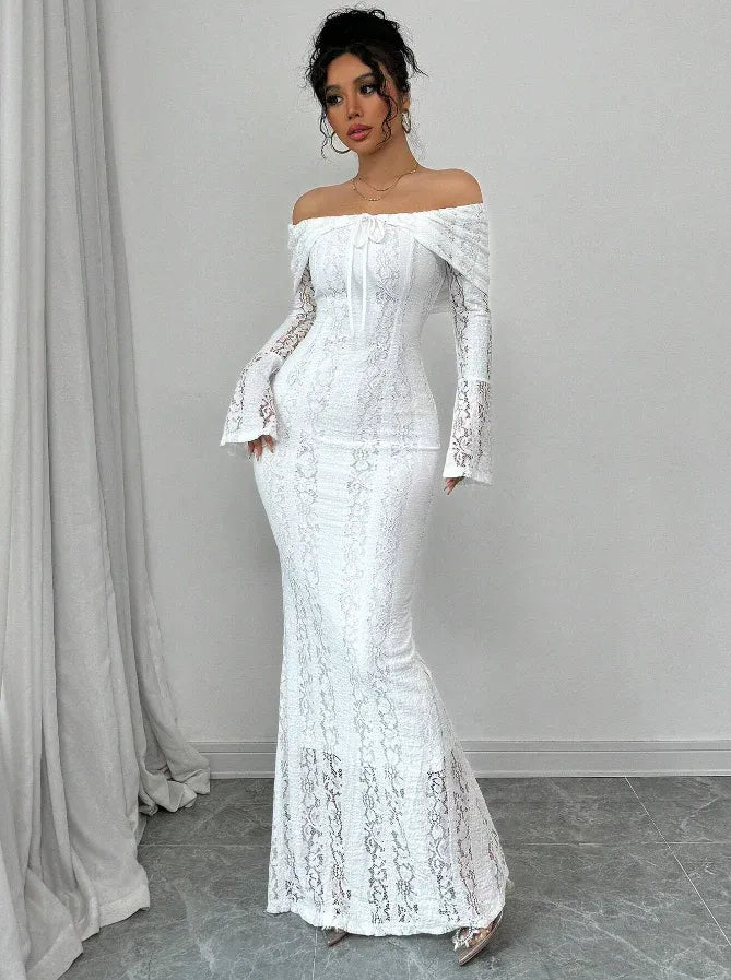 Chic Mermaid Off-the-Shoulder Long-Sleeve Lace-Accented White Maxi Prom Dress for Women Custom