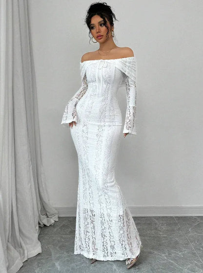 Chic Mermaid Off-the-Shoulder Long-Sleeve Lace-Accented White Maxi Prom Dress for Women Custom