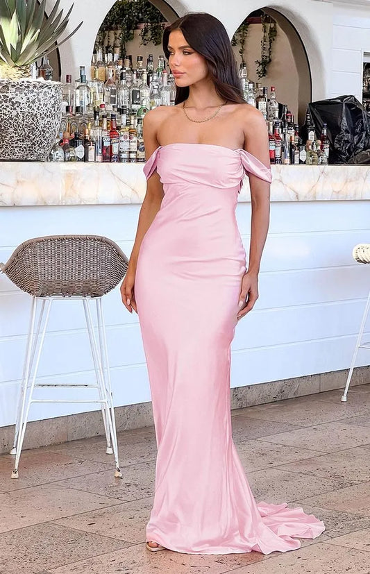 Chic Mermaid Off-the-shoulder Ruched Blush Pink Satin Maxi Prom Dress for Women Hot Sale