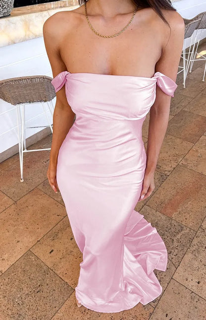 Chic Mermaid Off-the-shoulder Ruched Blush Pink Satin Maxi Prom Dress for Women Hot Sale