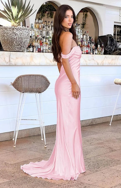 Chic Mermaid Off-the-shoulder Ruched Blush Pink Satin Maxi Prom Dress for Women Hot Sale