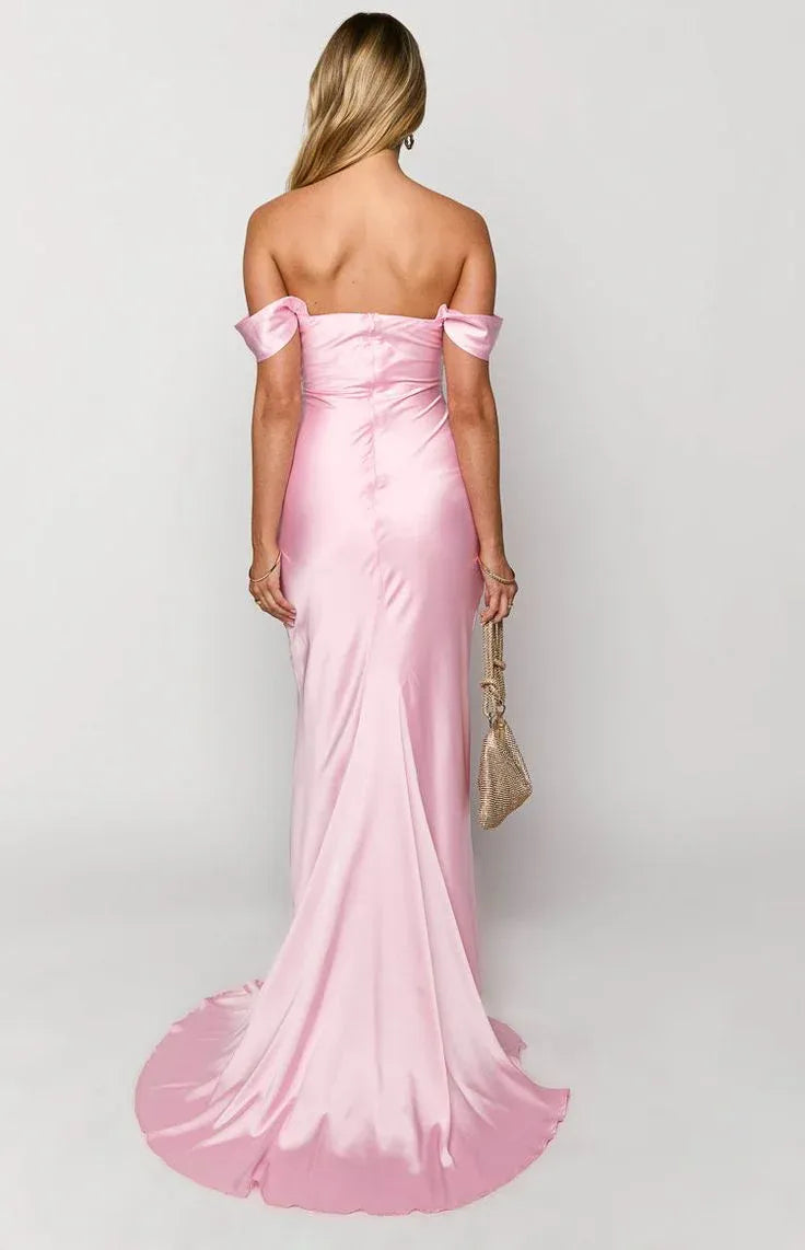 Chic Mermaid Off-the-shoulder Ruched Blush Pink Satin Maxi Prom Dress for Women Hot Sale