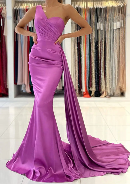 Chic Mermaid One-Shoulder Draped Satin Magenta Floor-Length Evening Dress For Women