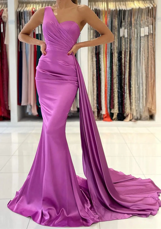 Chic Mermaid One-Shoulder Draped Satin Magenta Floor-Length Evening Dress For Women