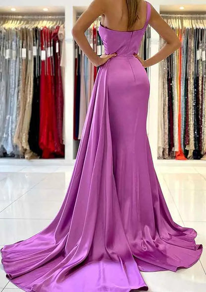 Chic Mermaid One-Shoulder Draped Satin Magenta Floor-Length Evening Dress For Women