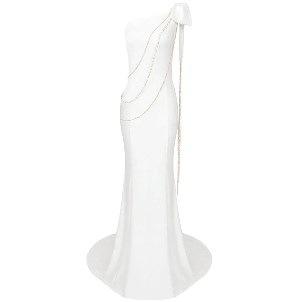 Chic Mermaid One-Shoulder Sleeveless Chain-Accent White Long Prom Dress for Women For Sale