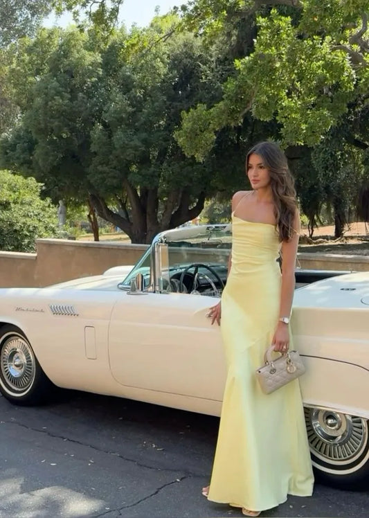 Chic Mermaid One-Shoulder Sleeveless Open-Back Satin Yellow Floor-Length Evening Dress for Women