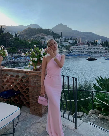 Chic Mermaid One Shoulder Sleeveless Satin Floor Length Prom Gown