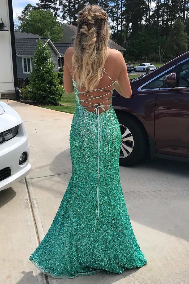 Chic Mermaid Scoop Neck Sleeveless Lace Up Floor-Length Prom Dress