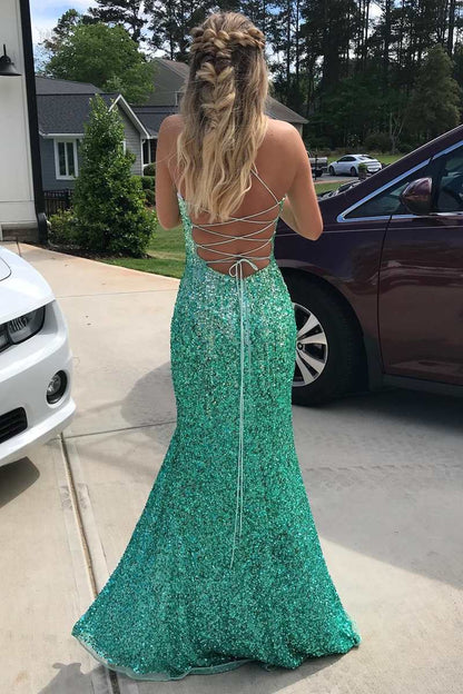 Chic Mermaid Scoop Neck Sleeveless Lace Up Floor-Length Prom Dress