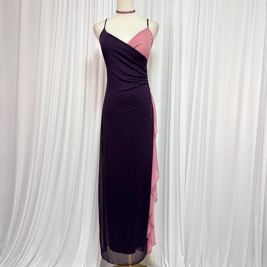Chic Mermaid Spaghetti-Strap Color-Block High-Slit Purple Floor-Length Prom Dress