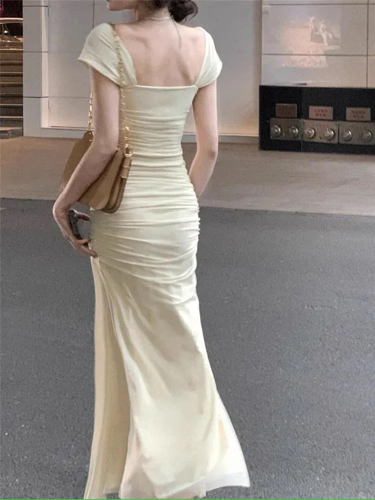 Chic Mermaid Square-Neck Ruched Chiffon Cream Maxi Evening Dress for Women
