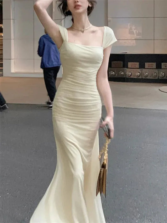 Chic Mermaid Square-Neck Ruched Chiffon Cream Maxi Evening Dress for Women