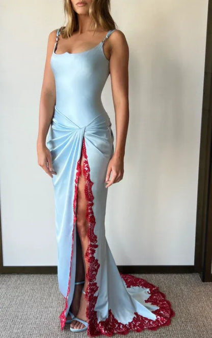 Chic Mermaid Square Neck Sleeveless Lace-trimmed Ice Blue Maxi Prom Dress for Women Hot Sale
