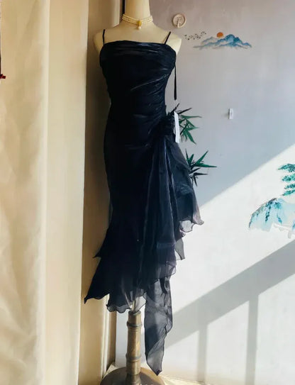 Chic Mermaid Strapless Sleeveless Ruffle-Accented Black Midi Prom Dress for Women for sale
