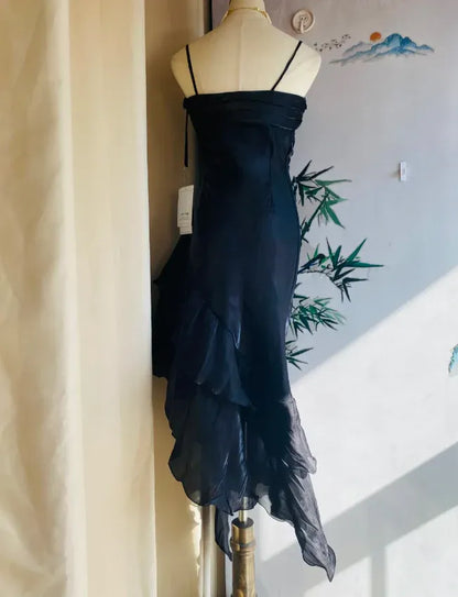 Chic Mermaid Strapless Sleeveless Ruffle-Accented Black Midi Prom Dress for Women for sale