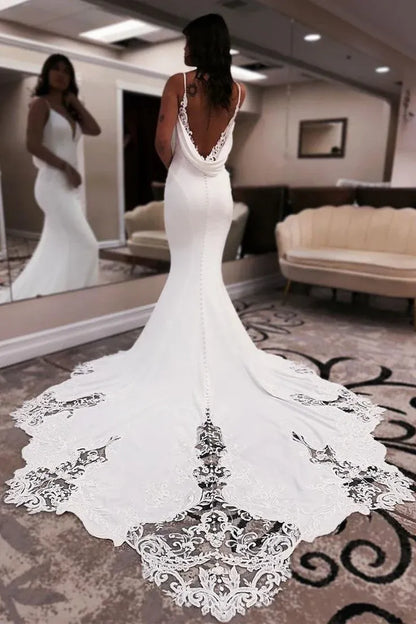 Chic Mermaid V-Neck Cowl Back Lace White Train Wedding Dress With Appliques