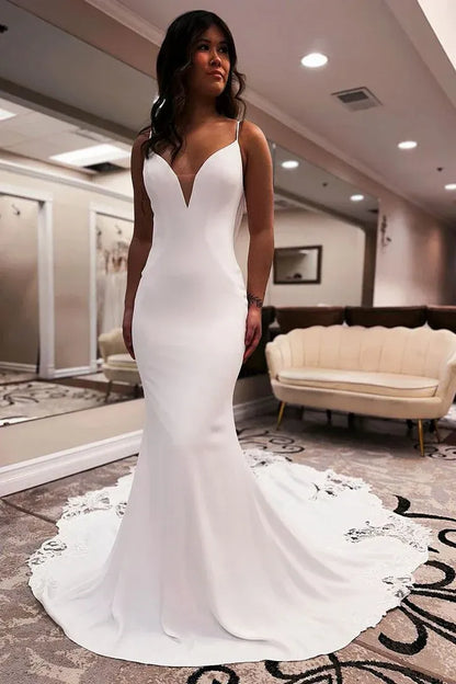 Chic Mermaid V-Neck Cowl Back Lace White Train Wedding Dress With Appliques