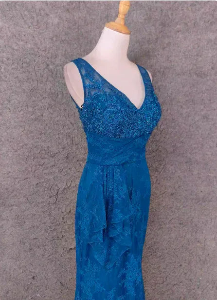 Chic Mermaid V-neck Sleeveless Lace Teal Blue Maxi Prom Dress for Women Hot Sale