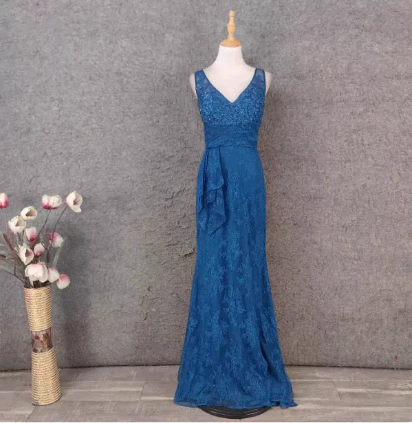 Chic Mermaid V-neck Sleeveless Lace Teal Blue Maxi Prom Dress for Women Hot Sale