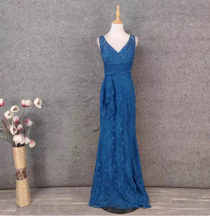 Chic Mermaid V-neck Sleeveless Lace Teal Blue Maxi Prom Dress for Women Hot Sale