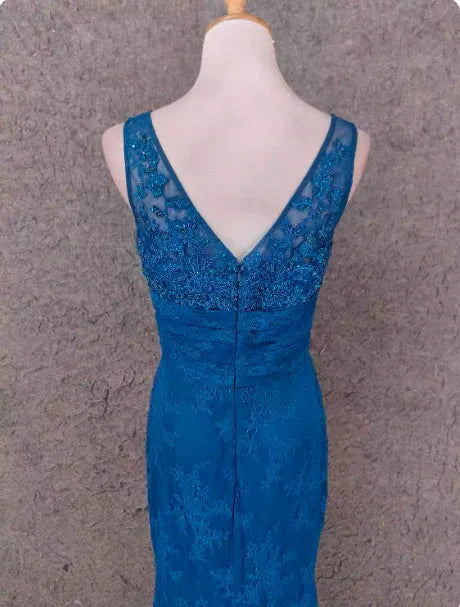 Chic Mermaid V-neck Sleeveless Lace Teal Blue Maxi Prom Dress for Women Hot Sale