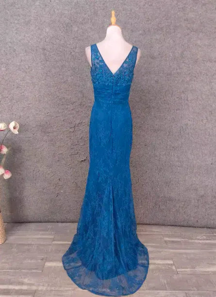 Chic Mermaid V-neck Sleeveless Lace Teal Blue Maxi Prom Dress for Women Hot Sale