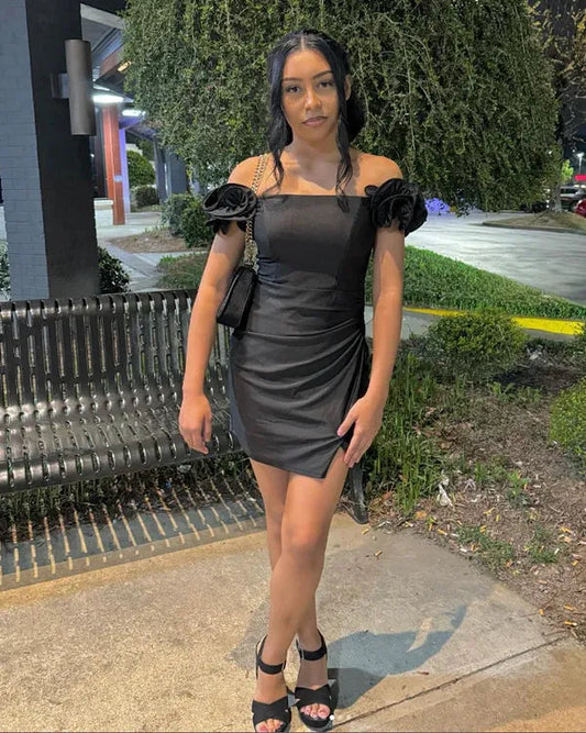 Chic Off Shoulder Ruffle Bow Back Ruched Mini Party Dress Homecoming Dress