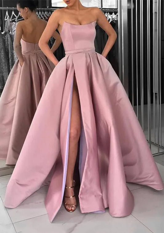 Chic Satin Floor-Length Evening Dress Dusty Rose Strapless Sleeveless Women