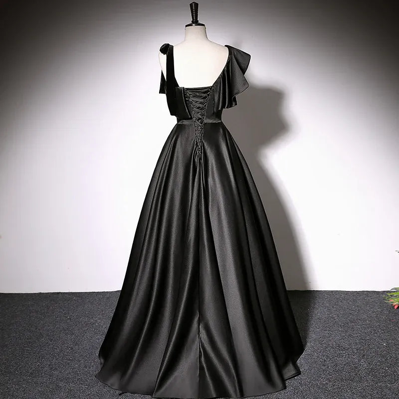 Chic Satin Long Evening Dress Black Asymmetrical Ruffle Sleeve for Women