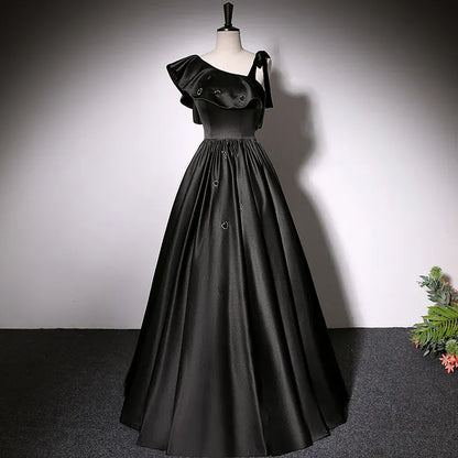Chic Satin Long Evening Dress Black Asymmetrical Ruffle Sleeve for Women