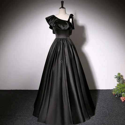Chic Satin Long Evening Dress Black Asymmetrical Ruffle Sleeve for Women