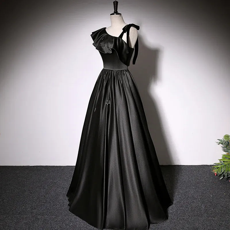Chic Satin Long Evening Dress Black Asymmetrical Ruffle Sleeve for Women