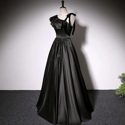 Chic Satin Long Evening Dress Black Asymmetrical Ruffle Sleeve for Women
