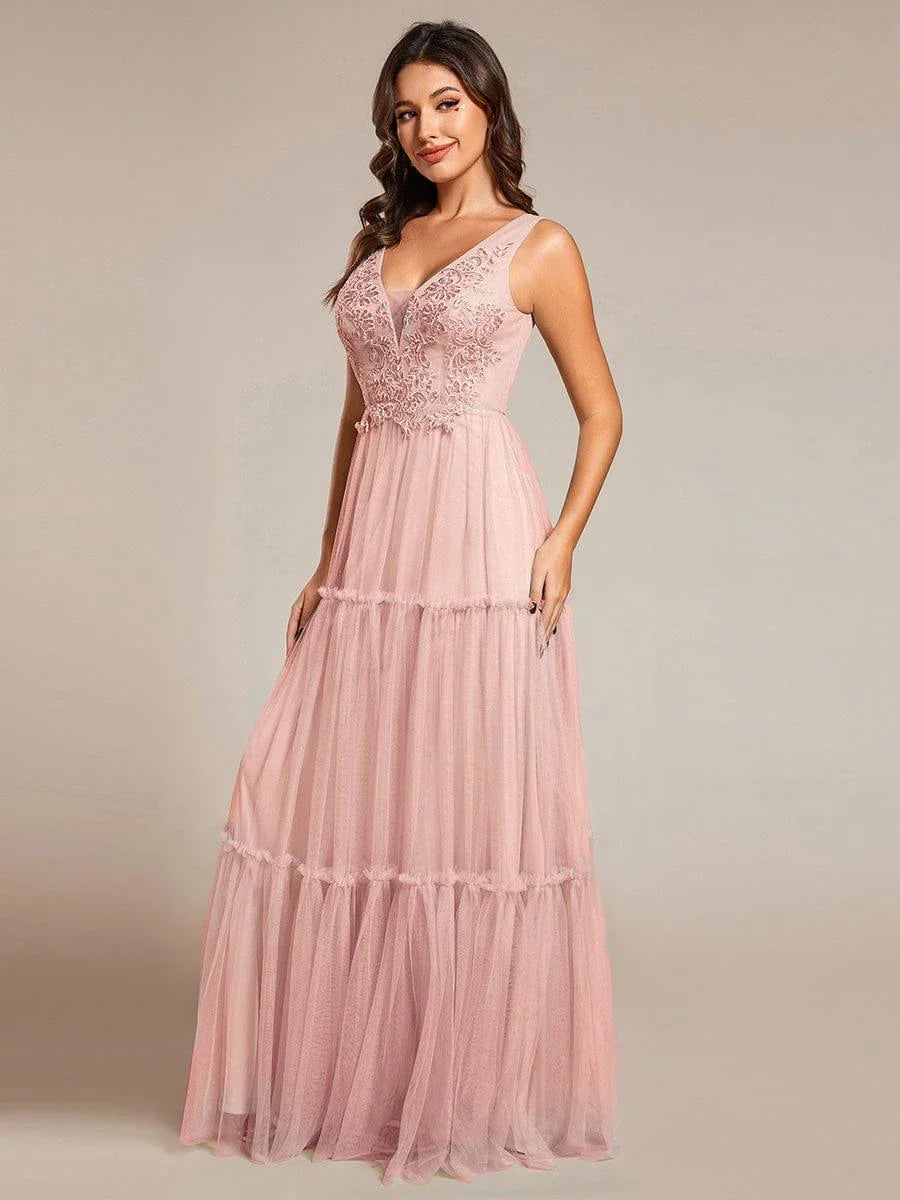 Chic See-Through Sleeveless Tulle Formal Evening Dress with Applique