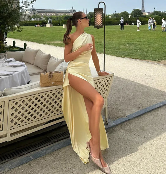 Chic Sheath One-Shoulder Ruched Satin Pale Yellow Floor-Length Evening Dress for Women