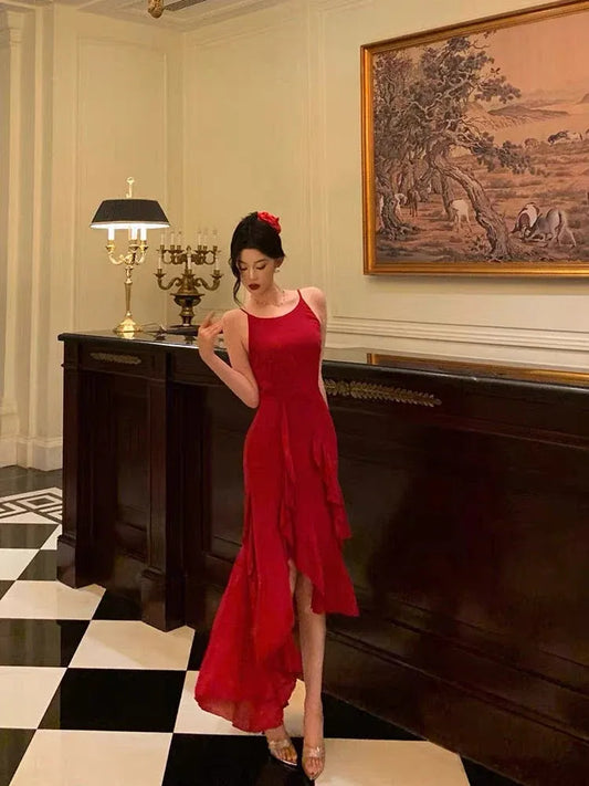 Chic Sheath Spaghetti-Strap Sleeveless Ruffled Red High-Low Prom Dress for Women Custom