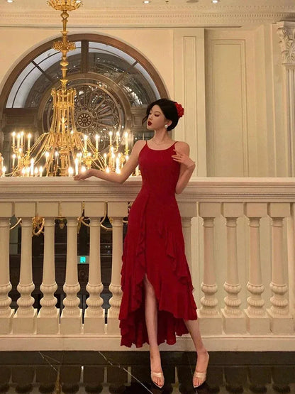 Chic Sheath Spaghetti-Strap Sleeveless Ruffled Red High-Low Prom Dress for Women Custom